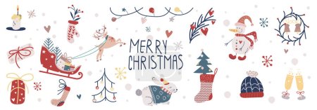 Neujahrsset mit frohen Weihnachtsbildern, Schneemann und Baum, Hase und Champagner, Fäustling und Socke, Kranz, Kerze und Girlande