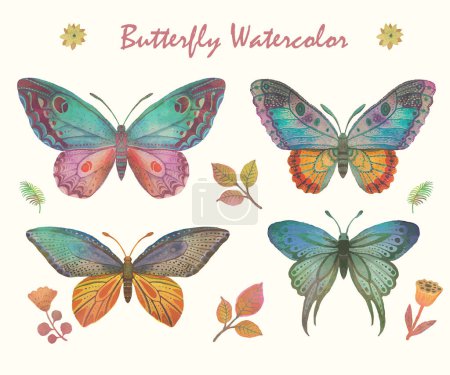 Illustration for Beautiful patterned butterfly painted in watercolor on white background. - Royalty Free Image