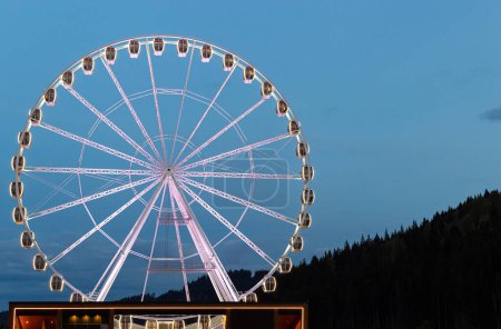 Illuminated Ferris wheel in the evening.