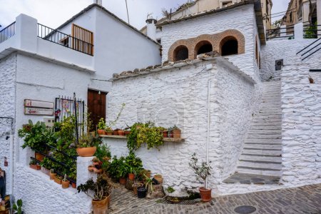Téléchargez les photos : Cozy corner with white painted walls and flower pots in a town in the Alpujarra of Granada - en image libre de droit