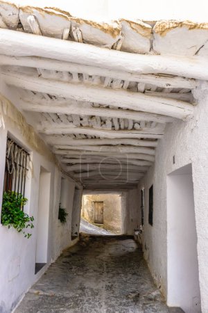 Photo for Street of a typical town in the Alpujarra of Granada with white walls and a wooden roof - Royalty Free Image