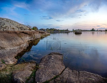 panoramic of the lagoons of Los Barruecos with large granite masses