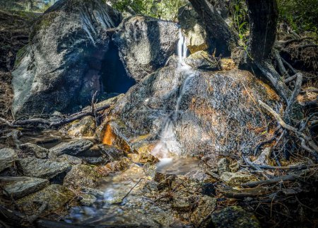 Langzeitbelichtungsfoto eines kleinen Wasserfalls in einem Bach
