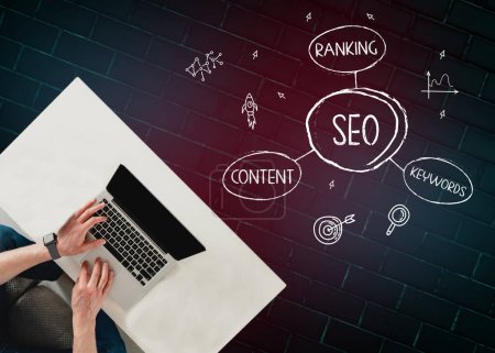 SEO search engine optimization, link building and online branding illustration