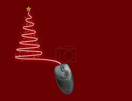 Ratón de ordenador y cables en forma de árbol de Navidad sobre un fondo rojo.