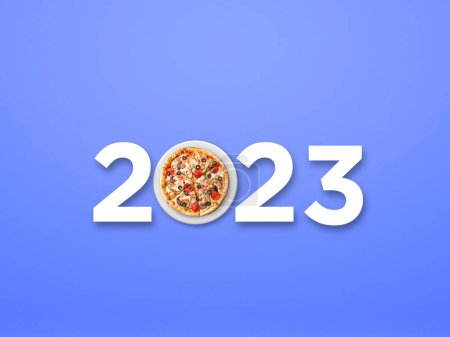 Téléchargez les photos : Nouvel an salutations, 2023 et heureux nouvel écran de pizza de l'année. - en image libre de droit