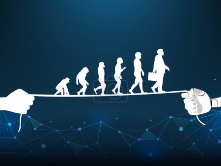Roboterhände und menschliche Haltefäden, Menschliche Entwicklung vom Affen zur modernen Geschäftsidee.