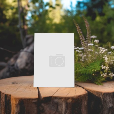 Photo for White card on a wooden slab, outdoor, mood, mockup, fresh, - Royalty Free Image