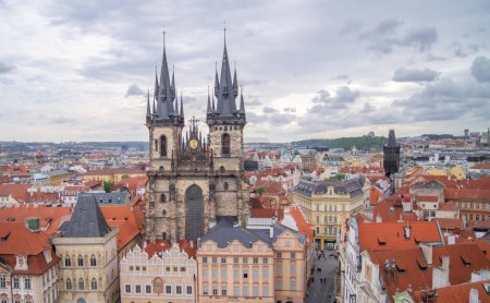 Church of Our Lady before Tyn. Prague, Czechia. Cathedral, architecture of old Europe. Cloudy day. Gothic architecture. Panorama of the main square.