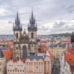 Church of Our Lady before Tyn. Prague, Czechia. Cathedral, architecture of old Europe. Cloudy day. Gothic architecture. Panorama of the main square. 