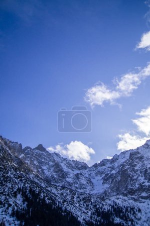 Photo for Clear blue skies overlook the snow-covered High Tatras in Poland. Sharp, rugged peaks contrast against the sky, while the dense forests at the base hint at the wilderness below. - Royalty Free Image