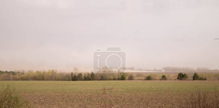 A sweeping landscape under a vast sky, with a striking dust cloud raised by spring winds sweeping across an empty field.