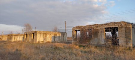Golden sunlight bathes an abandoned building, casting long shadows and highlighting the stark beauty of its decaying structure amidst a desolate landscape.