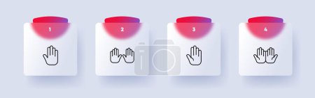 Illustration for Hand gestures set icon. Non verbal, Greeting, hands, open book, peace, wave, stop, deaf and dumb, sign language, society, illness, disability. Communication concept. Glassmorphism style - Royalty Free Image