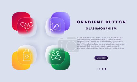 Illustration for Medicines set icon. Pharmacy sign, signboard, drugstore, pill, tablet, trace elements, enzymes, cross, hexagon, chemistry, science, prescription, treatment, hospital. Healthcare concept. Glassmorphism - Royalty Free Image