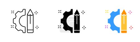 Illustration for Pen with gear set icon. Control panel, cube, art, inspiration, scroll, book, instruction, website, tune, install, adjust, configuration file. Vector icon in line, black and colorful style - Royalty Free Image