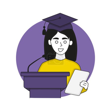 Illustration for Student in academic cap behind the tribune makes a speech. Woman, diploma defense, bachelors and masters degree, higher education. Vector illustration in yellow and purple colors on white background - Royalty Free Image