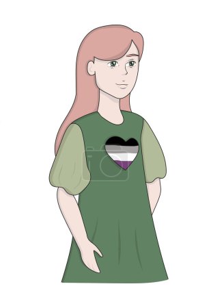 Illustration for Girl with asexual flag. Woman in green dress. Gender, sexual orientation, be yourself, love, LGBT community, LGBTQIA plus, equal rights, no discrimination. Vector illustration on white background - Royalty Free Image