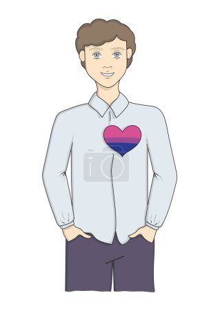 Illustration for Boy with bisexual flag in a heart. Man in light blue shirt. Gender, sexual orientation, be yourself, love, LGBT community, LGBTQIA plus, equal rights, no discrimination. Vector illustration - Royalty Free Image