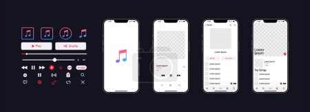 Illustration for Apple music mockup. Music app. Application template on Iphone mockup. Subscription music player. Profile, Song, Album, Playlist. Pause, note, search, play and shuffle buttons. Editorial - Royalty Free Image