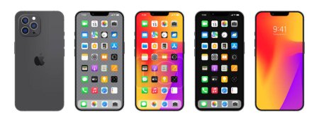 Iphone 14. Apple und Smartphone mit ios 14. Gesperrter Bildschirm, Handy-Navigationsseite, Startseite mit 47 populären Apps. Vektorabbildung EPS10. Leitartikel