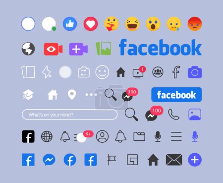 Illustration for Facebook button icon. Set screen social media and social network interface template. Stories user button, symbol, sign logo. Stories, liked, stream. Editorial - Royalty Free Image