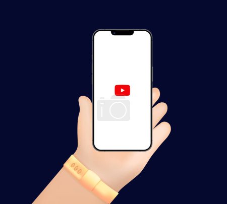 Illustration for YouTube screen social media in the hand. Social network interface template. You Tube mockup. TikTok photo frame. Stories, liked, stream. Editorial vector. - Royalty Free Image