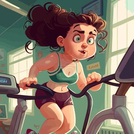 Illustration for Plump girl doing fitness in cartoon style. Tattoos, gym, non-existent person, treadmill, sports, warm colors, Vector illustration - Royalty Free Image