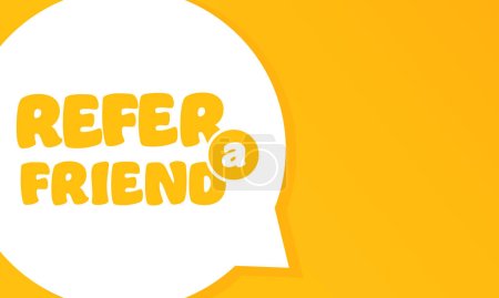 Illustration for Refer a friend banner. Speech bubble with Refer friend text. Business concept. 3d illustration. Yellow background. Vector line icon for Business and Advertising. - Royalty Free Image