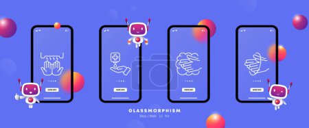 Illustration for Antiseptic icon set. Washing hands in the washbasin, covid, safety, medicine, soap. Decontamination concept. Ui phone app screen. Glassmorphism style - Royalty Free Image