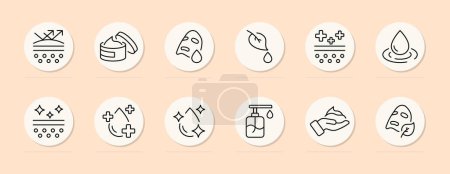 Téléchargez les illustrations : Skin healing icon set. Skin care, moisturizing, Korean cosmetics, delicate skin, cosmetics. Skin healing cocnept. Pastel color background. Vector line icon for business - en licence libre de droit