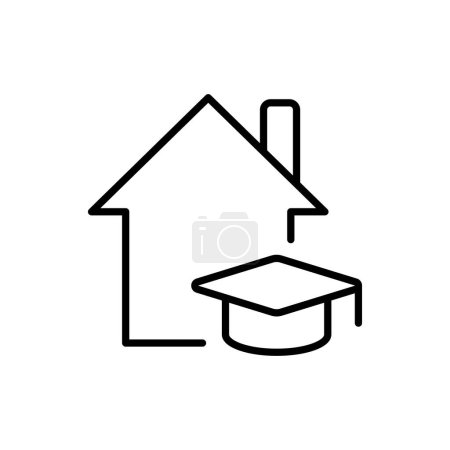 Téléchargez les illustrations : Cottage building with student hat line icons. Three-star hotel, real estate agency, house and apartment purchase. Building concept. Vector line icon on white background - en licence libre de droit