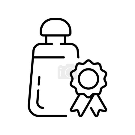 Téléchargez les illustrations : Shampoo bottle with insignia line icon. Scalp care, cosmetics, shower gel, hair balm, cleanser. Hygiene concept. Vector line icon on white background - en licence libre de droit