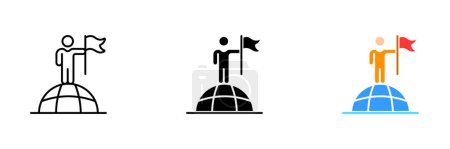 Téléchargez les illustrations : Illustration d'une personne debout sur une planète et portant un drapeau, représentant le concept de citoyenneté mondiale et d'unité. Ensemble vectoriel d'icônes en ligne, noir et styles colorés isolés. - en licence libre de droit