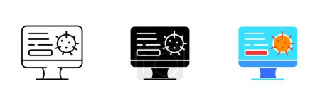 Téléchargez les illustrations : Illustration d'un écran d'ordinateur avec une icône de virus, représentant le concept de cybermenaces et de logiciels malveillants. Ensemble vectoriel d'icônes en ligne, noir et styles colorés isolés. - en licence libre de droit