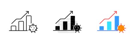 Illustration for An illustration of a graph with an upward arrow and a virus icon, representing the impact of a virus outbreak. Vector set of icons in line, black and colorful styles isolated. - Royalty Free Image