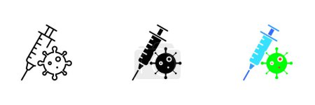 Illustration for An illustration of a syringe with a virus icon, representing the concept of vaccination and disease prevention. Vector set of icons in line, black and colorful styles isolated. - Royalty Free Image
