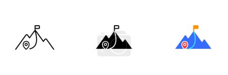Ilustración de Una ilustración vectorial de una montaña con una bandera en la cima, que simboliza el logro, el éxito y la superación de los desafíos. Conjunto vectorial de iconos en línea, estilos negros y coloridos aislados. - Imagen libre de derechos