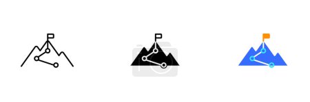 Illustration for A vector illustration of a mountain peak with a flag on top, representing achievement and accomplishment. Vector set of icons in line, black and colorful styles isolated. - Royalty Free Image
