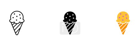 Téléchargez les illustrations : Une boule de crème glacée avec un cône sur fond blanc. Ensemble vectoriel d'icônes en ligne, noir et styles colorés isolés. - en licence libre de droit