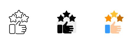 Illustration for A symbol of a thumb up with three stars, which can represent positive feedback, a high rating or approval. Vector set of icons in line, black and colorful styles isolated. - Royalty Free Image