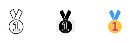Ilustración de Una medalla con una cinta, otorgada al ganador del primer lugar en un concurso o evento. Conjunto vectorial de iconos en línea, estilos negros y coloridos aislados. - Imagen libre de derechos