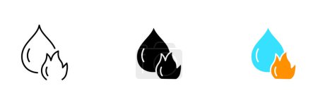 Téléchargez les illustrations : Illustration stylisée d'une gouttelette d'eau avec une icône d'une flamme à l'intérieur. Ensemble vectoriel d'icônes en ligne, noir et styles colorés isolés. - en licence libre de droit