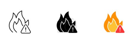 Illustration for A black and yellow danger sign with the word fire and a graphic of flames. Vector set of icons in line, black and colorful styles isolated. - Royalty Free Image