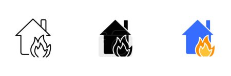 Ilustración de Una ilustración de una casa en llamas, que representa el peligro y la destrucción causada por los incendios en edificios residenciales. Conjunto vectorial de iconos en línea, estilos negros y coloridos aislados. - Imagen libre de derechos