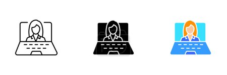 Ilustración de Una ilustración de un portátil con una mujer en la pantalla, que representa la tecnología y la comunicación. Conjunto vectorial de iconos en línea, estilos negros y coloridos aislados. - Imagen libre de derechos