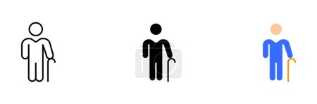 Téléchargez les illustrations : Illustration d'une personne âgée utilisant une canne ou une canne à pied, représentant des problèmes de vieillissement ou de mobilité. Ensemble vectoriel d'icônes en ligne, noir et styles colorés isolés. - en licence libre de droit