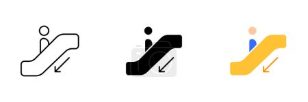 Illustration for An illustration of a person riding down an escalator or moving walkway, representing convenience and modern transportation. Vector set of icons in line, black and colorful styles isolated. - Royalty Free Image