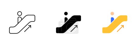 Illustration for An illustration of a person riding up an escalator or moving walkway, representing convenience and modern transportation. Vector set of icons in line, black and colorful styles isolated. - Royalty Free Image