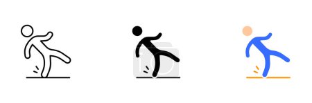 Ilustración de Ilustración vectorial de una persona que cae sobre un conjunto de escaleras o escalones, que representa un accidente o lesión potencial. Conjunto vectorial de iconos en línea, estilos negros y coloridos aislados. - Imagen libre de derechos